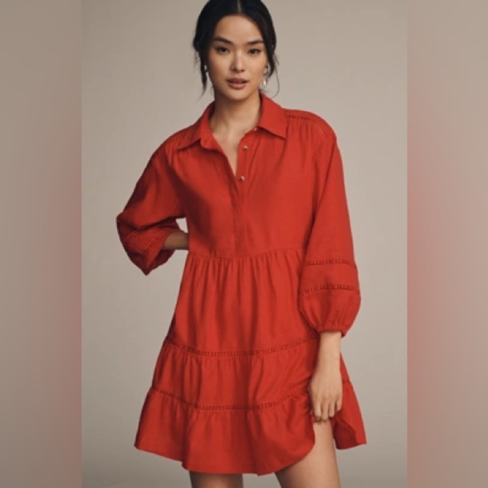 Anthropologie Linen Tiered Mini Shirt Dress by Maeve, Small, NWT